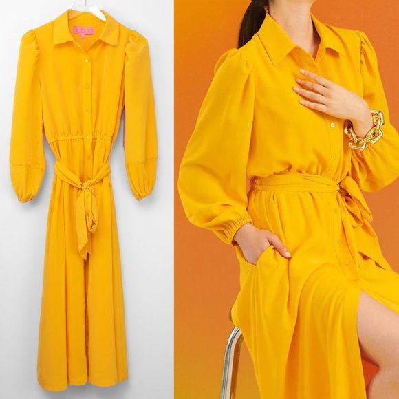 LDT Shirt Dress Long Sleeve Midi Button Front Belted Bright Yellow Size 0 New - Picture 1 of 7